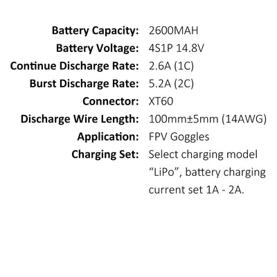 18650 LI-ON 2600mAh 4S 14.8V 1C XT60, FPV Goggles Battery Pack Built-in Protect Board